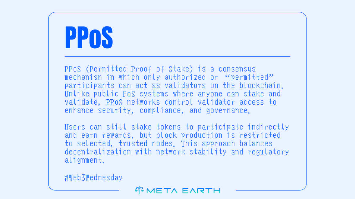 _MetaEarth_'s tweet image. #Web3Wednesday
✨ Think of PPoS like a VIP club – not everyone can walk in and validate. Only trusted members are allowed, while others can still enjoy the perks by staking.

🔐 Safer. Compliant.  Community-powered.

Unlock #Web3 the smart way. Download your #MEPass now 👉…
