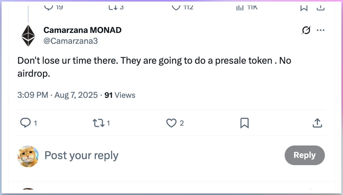 mztacat's tweet photo. “If you want to tell people the truth, make them laugh.”
                - Oscar Wilde

Additionally, I've heard unconfirmed whispers of a token sale in DM leaks. and comments. 

Could be no airdrop for Aztec.… or SUI-style presale perks for participants only. 

No matter how Bullish you are on any project, don't go ALL-IN to the point that going back at any stage will be a problem.  TAKE ACTIONS LOGICALLY, WITH FACTS & REASONS. 

Just keep learning and clicking!.