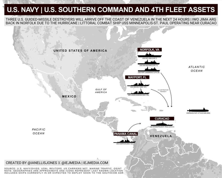 The image is a map of the Americas, focusing on the US, Gulf of Mexico, and northern South America, including Venezuela and Curacao. It shows the deployment paths of US Navy ships, with icons of guided-missile destroyers, a littoral combat ship, and a landing ship (USS Iwo Jima) marked at Norfolk, VA, Mayport, FL, Panama Canal, and near Curacao, with one operating near Venezuela. Text overlays indicate that US Southern Command and 4th Fleet assets, including the USS Minneapolis-St. Paul and USS Iwo Jima, are or will be near Venezuela\'s coast within 24 hours, linked to hurricane relief and potential operations against drug cartels, as suggested by the post text implying a possible US invasion pretext. No platform watermarks are present.