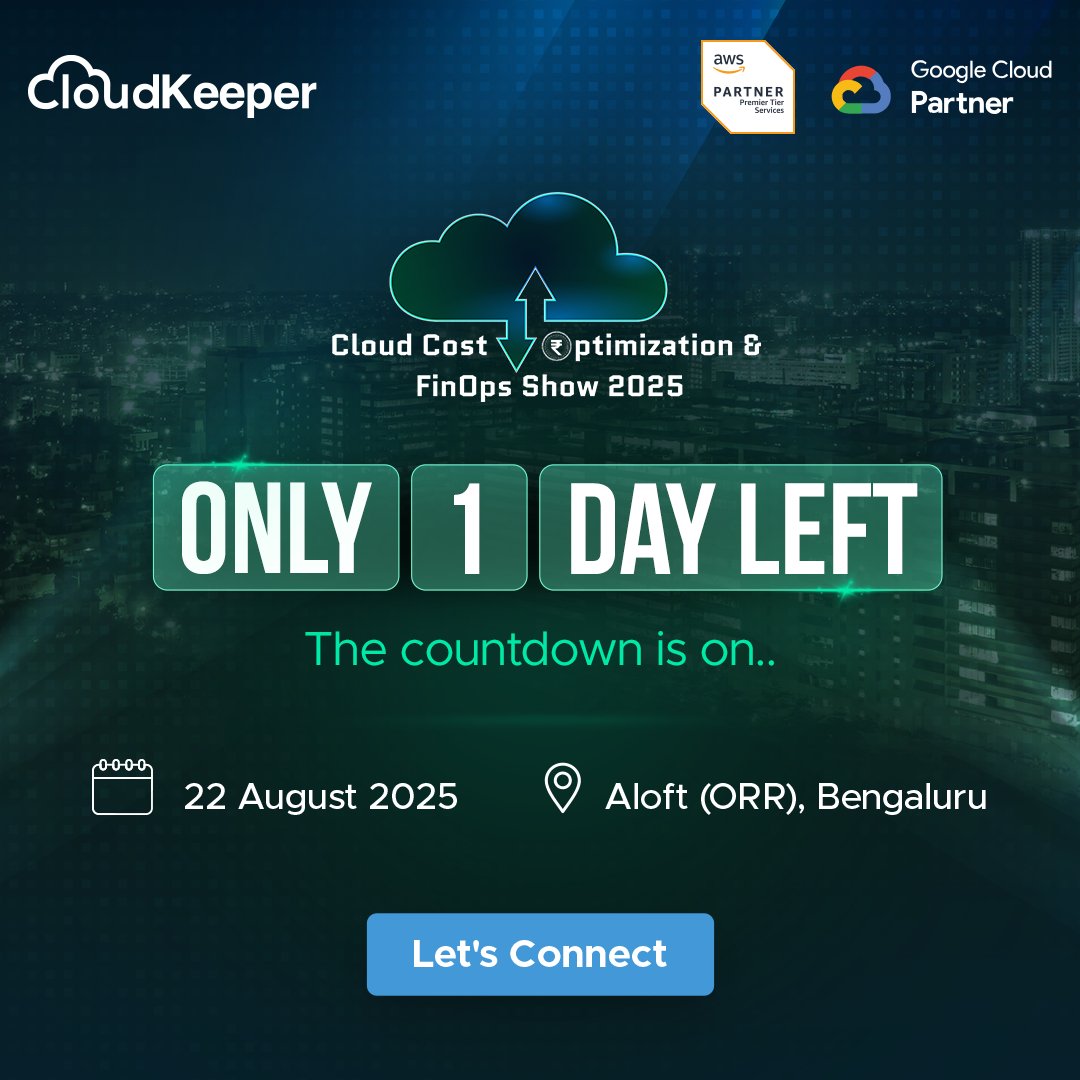 ⏳ Just 1 Day to Go!

The countdown is almost over for the Cloud Cost Optimization &amp; FinOps Show 2025 in Bengaluru!

📅22 August 2025
📍Aloft (ORR), Bengaluru

Let’s connect, share ideas, and drive the future of cloud cost optimization.

#FinOps #Cloud #TechEvents #Events #DevOps