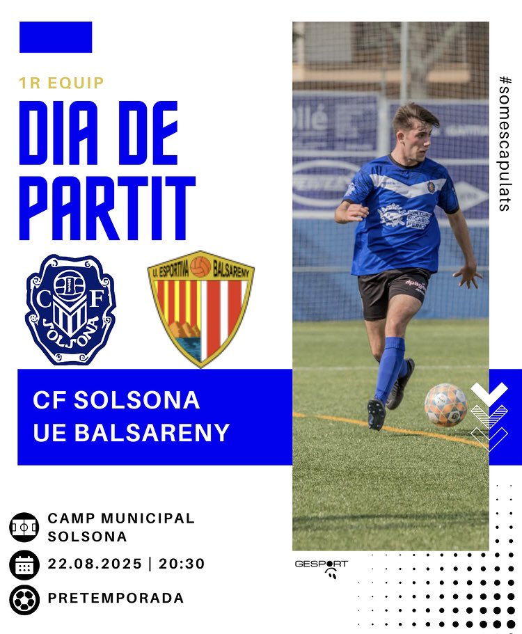 CF Solsona - des de 1928 (@cfsolsona) on Twitter photo 🔵1r Equip🔵
Segon partit de la pretemporada, on ens visita la <a href="/uebalsareny/">UEBalsareny</a> ⚽
#somescapulats #1requip 🔵1r Equip🔵
Segon partit de la pretemporada, on ens visita la <a href="/uebalsareny/">UEBalsareny</a> ⚽
#somescapulats #1requip