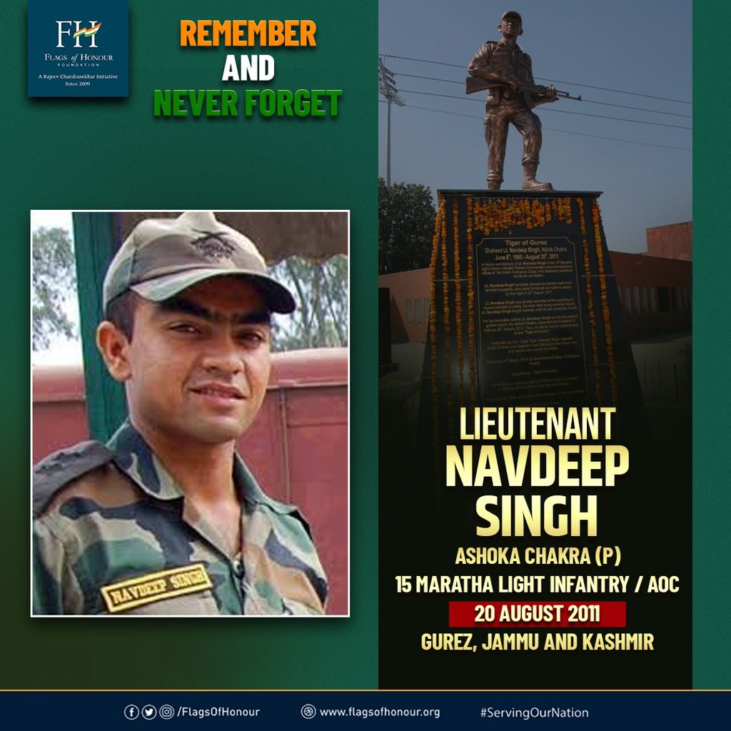 Lt Navdeep Singh, Ashoka Chakra (P), 15 MLI/AOC led his men in anti-terror ops, killed 4 terrorists, saved an injured team member &amp; laid down his life fighting #OnThisDay 20 August 2011 at Gurez Sector, J&amp;K.

#RememberAnd NeverForget his supreme sacrifice #ServingOurNation