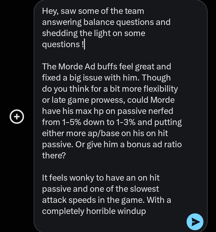 Grasp_of_Death's tweet photo. @RiotAuberaun 

A quick snippet! Couldn't fit it so I screenshotted a dm bubble

Also about the Windup and attack speed could there be a little wiggle room to give him something? https://t.co/xI8QHNl3ix