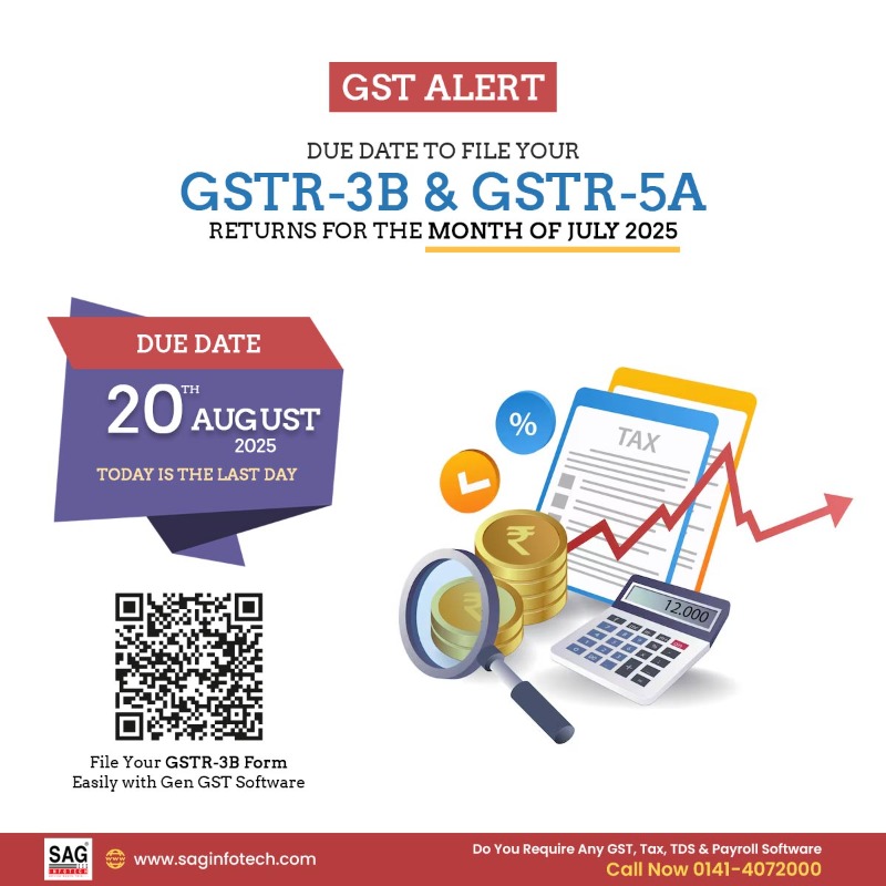 gsthelpline's tweet photo. Today is the last date to file your GSTR-3B & GSTR-5A Return forms for July 2025.
#GSTReturnFiling #duedatetoday #duedatemonth #gstr3b #GSTR5A