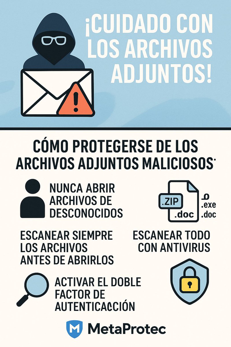 🔐 Buenos días!
¿Te han vaciado la cuenta tras abrir un correo con adjunto? 
👉🏻 Consejo clave:
Nunca abras archivos .zip, .exe o .doc de desconocidos.
Escanea siempre los adjuntos antes de abrirlos.
Más vale prevenir que lamentar.
#Ciberseguridad #Phishing #ProtegeTusDatos