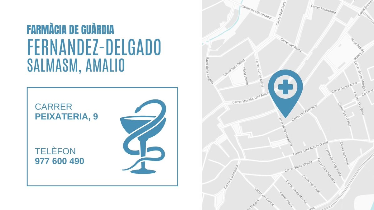 Bon dia, avui a #Valls la farmàcia de guàrdia és Amalio Fernandez-Delgado Salmasm, al carrer Peixateria, 9.
#FarmàciaGuardiaValls
