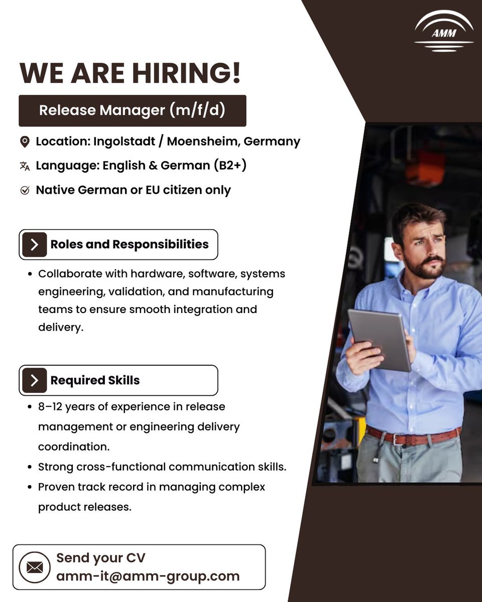 Amm_Enterprise's tweet image. We’re #Hiring

#ReleaseManager #AutomotiveEngineering #ProductLaunch #EngineeringProjects #AutomotiveIntegration #VehicleEngineering #ProjectManagement #AgileJobs #germany #germanyjob #germanyjobs #job #jobs #jobsearch #wearehiring #nowhiring #hiring #recruiting #careers