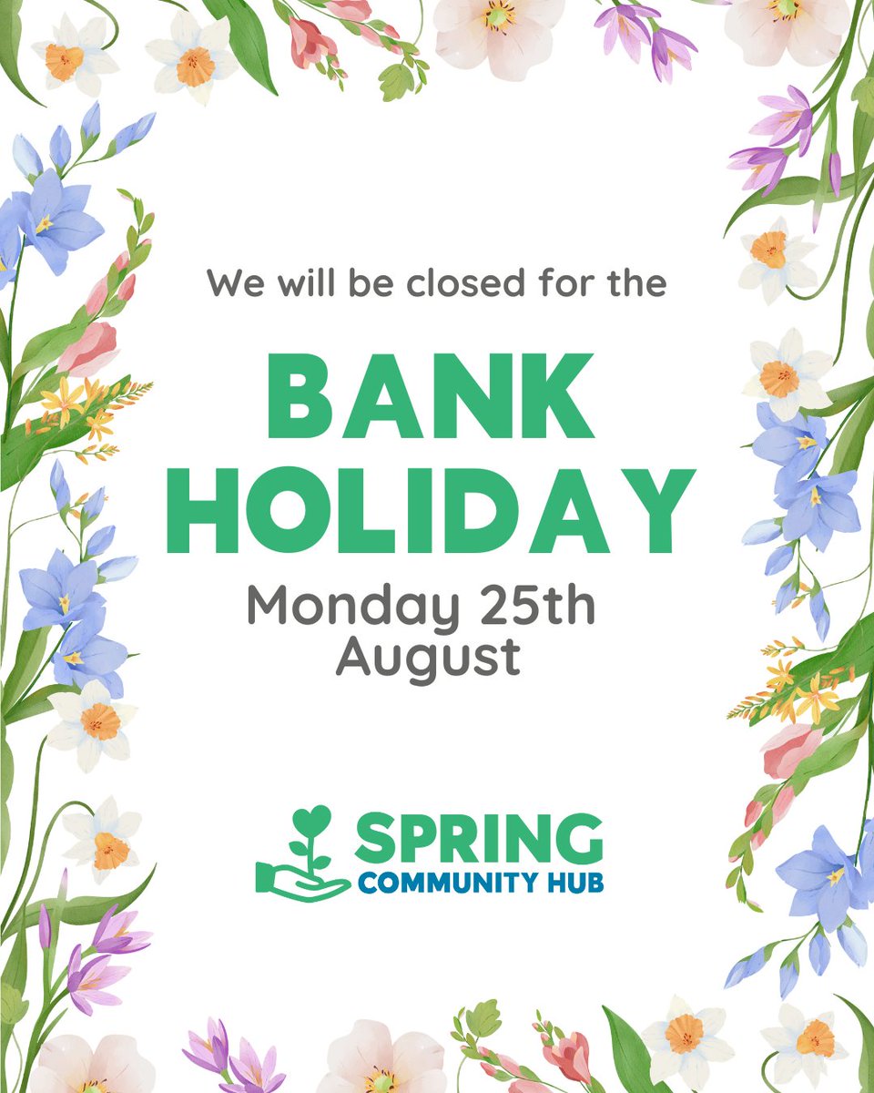 SpringCommHub's tweet image. Notice: We will be closed next Monday (25th August) for the bank holiday. All our services will resume on Tuesday 26th August.