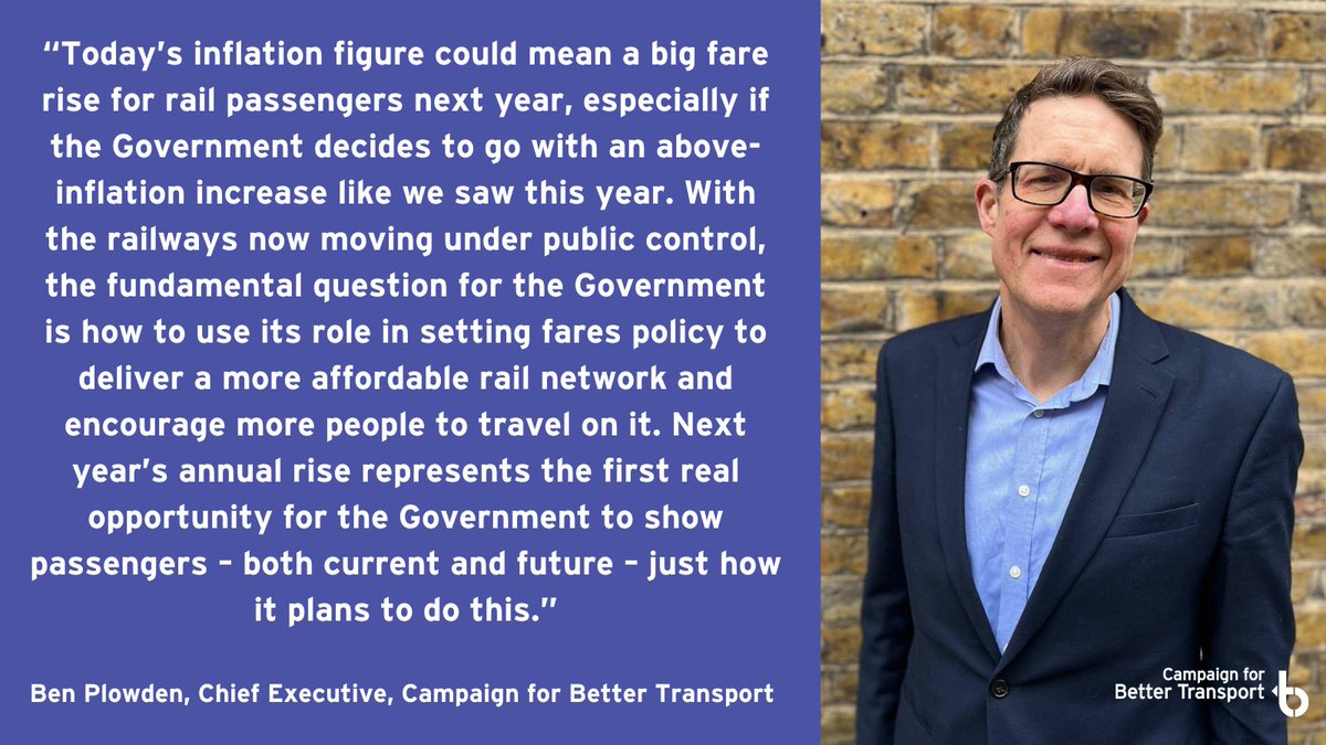 Campaign for Better Transport (@cbtransport) on Twitter photo Here's our response to the news that RPI hit 4.8% last month, the figure the Government usually uses to set the following year's annual rail fare rise. This year the fare rise was RPI+1%...could a 5.8% fare rise be on the cards for 2026? Here's our response to the news that RPI hit 4.8% last month, the figure the Government usually uses to set the following year's annual rail fare rise. This year the fare rise was RPI+1%...could a 5.8% fare rise be on the cards for 2026?