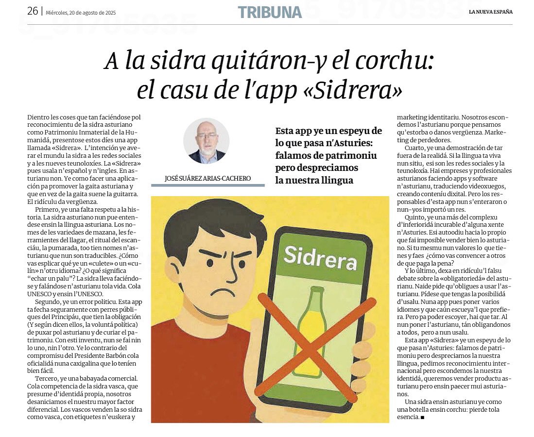 Articulu publicáu en @lanuevaespana_ sobre la vergüenza de la app “Sidrera” y cómo escuenden l’asturianu na promoción de la sidra como patrimoniu