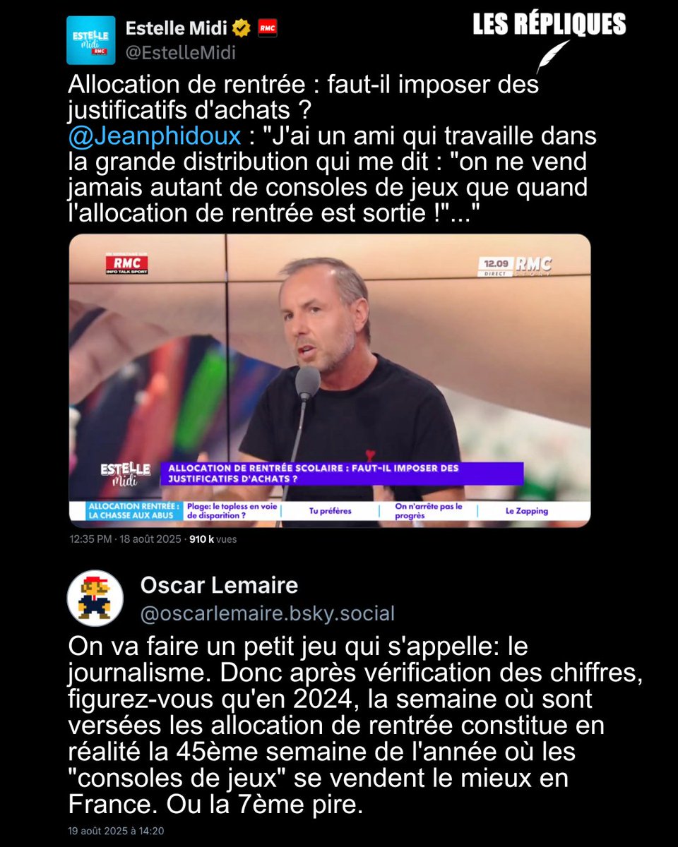 Les Répliques (@les_repliques) on Twitter photo "On ne vend jamais autant de consoles de jeux que quand l'allocation de rentrée est sortie !" : selon l'animateur et journaliste <a href="/Jeanphidoux/">Jean-Philippe Doux</a> qui cite un "ami qui travaille dans la grande distribution"
<a href="/oscarlemaire/">Oscar Lemaire</a> "On ne vend jamais autant de consoles de jeux que quand l'allocation de rentrée est sortie !" : selon l'animateur et journaliste <a href="/Jeanphidoux/">Jean-Philippe Doux</a> qui cite un "ami qui travaille dans la grande distribution"
<a href="/oscarlemaire/">Oscar Lemaire</a>