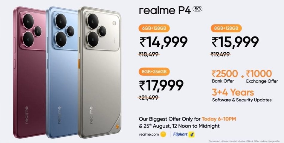 A_sharma45's tweet image. The all-new realme P4 5G is here! 🚀
6.67&quot; display | 7000mAh battery | 3+4 yrs updates
✅ 6GB+128GB – ₹14,999
✅ 8GB+128GB – ₹15,999
✅ 8GB+256GB – ₹17,999

Bank + Exchange offers also available 🔥
Available on Flipkart &amp;amp; realme.com

#realmeP4 #realme