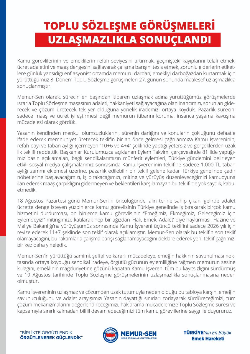 MemurSenKonf's tweet photo. Toplu Sözleşme Görüşmeleri Uyuşmazlıkla Sonuçlandı. 
Sürece ilişkin geniş değerlendirme yapılacaktır.

https://t.co/BFG6JsEtrm https://t.co/bNRWJ8oN0x