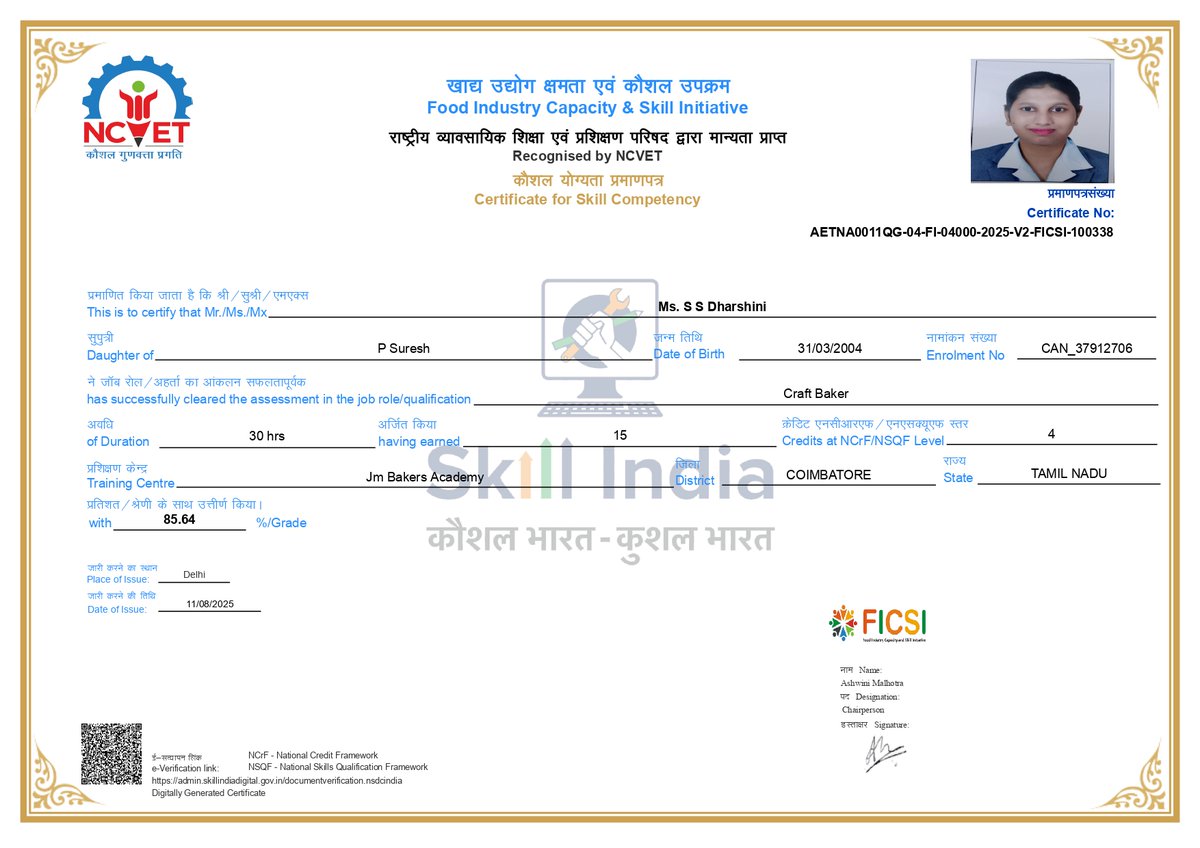 We are pleased to share that the Skill India Craft Bakers Program was successfully conducted at JM Bakers Academy, Coimbatore.

16 candidates have been certified as Skill India Craft Bakers and are now set to join the Indian baking industry.

Our sincere thanks to Chef Joseph