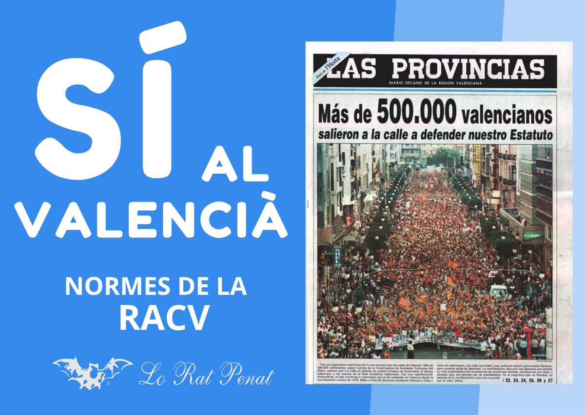LO RAT PENAT (@loratpenat_) on Twitter photo 🧐¿Sabies que...? El 13 de juny de 1997, 500.000 valencians varen eixir al carrer per a demanar l'oficialisació de les Normes de la Real Acadèmia de Cultura Valenciana (<a href="/RACValenciana/">Real Acadèmia de Cultura Valenciana</a>).
🔵🔴🟡Convocats per la Federació d'Entitats Culturals del Regne de Valéncia i baix el lema 🧐¿Sabies que...? El 13 de juny de 1997, 500.000 valencians varen eixir al carrer per a demanar l'oficialisació de les Normes de la Real Acadèmia de Cultura Valenciana (<a href="/RACValenciana/">Real Acadèmia de Cultura Valenciana</a>).
🔵🔴🟡Convocats per la Federació d'Entitats Culturals del Regne de Valéncia i baix el lema