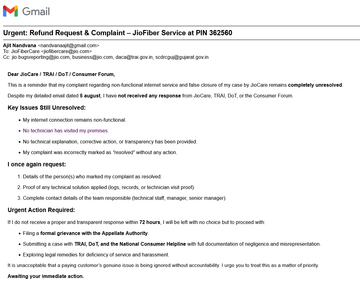 ajitnandvana's tweet image. 📢 Mailed many times to @JioCare @TRAI @consaff @DoT_India but NO REPLY.
Internet dead, complaint falsely marked “resolved”.
Worst service! Feeling helpless.
@PMOIndia @_DigitalIndia @narendramodi ji — is this Digital India?
#DigitalIndia #ConsumerRights