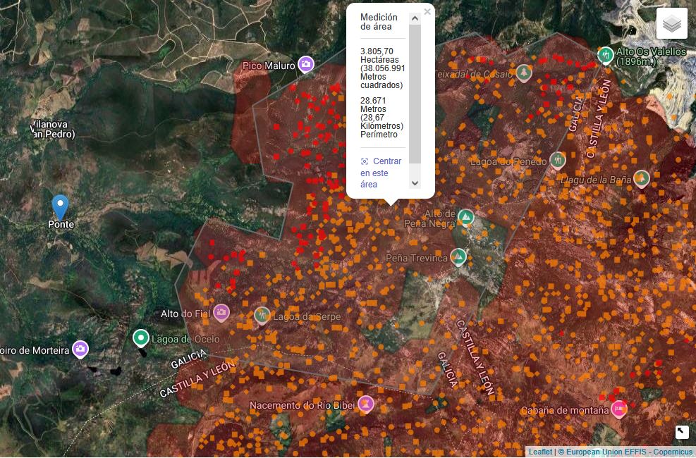 O que di a Xunta: 
"Activo A Veiga-A Ponte
Dende as 18.42 horas de onte activo un lume no concello ourensán da Veiga, parroquia da Ponte, que  segundo as últimas estimacións provisionais supera as 20 hectáreas  (pendente de novas medicións)

O satélite: