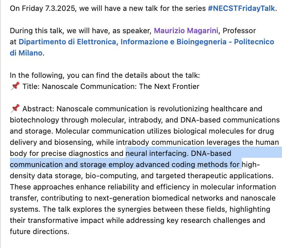 CorinneNokel's tweet image. Intra-Body Communication 

Neural Interfacing #InternetofBioNanoThings 

Prof. Maurizio Magarini, Politecnico di Milano 

Nanoscale Communication #eHealth 

linkedin.com/posts/necstlab… 

magarini.faculty.polimi.it/?page_id=7