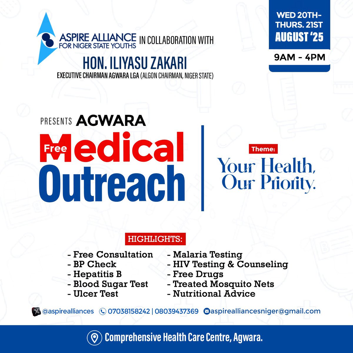 Today, being the 20th of August will mark the commencement of a Two-day Free Medical Outreach at Agwara LGA. 

𝑻𝒉𝒆𝒎𝒆: 𝒀𝒐𝒖𝒓 𝑯𝒆𝒂𝒍𝒕𝒉, 𝑶𝒖𝒓 𝑷𝒓𝒊𝒐𝒓𝒊𝒕𝒚.
#NigerStateFreeMedicalOutreach2025 #YourHealthOurPriority