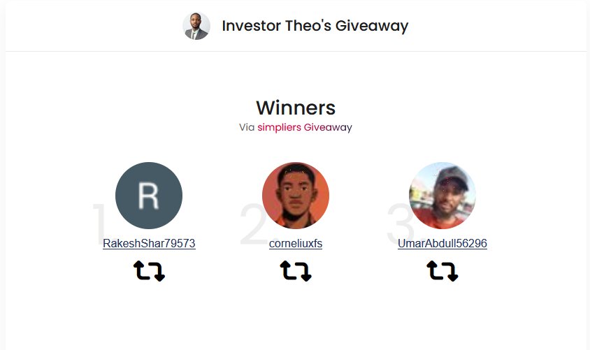 Investor Theo (@_investortheo) on Twitter photo 🎁 Giveaway Winners
Congrats to our winners!
<a href="/RakeshShar79573/">Rakesh Sharma</a> <a href="/corneliuxfs/">Fx Nurse 💉📊</a> <a href="/UmarAbdull56296/">💥BIRDMAN🕊️</a>
DM for the steps to claim your account.
Follow <a href="/Investor_Theo/">Investor Theo</a> for more giveaways.
---
Recent Update!
Join for free accounts 👇🏽
discord.gg/4kWpYFbDm4 🎁 Giveaway Winners
Congrats to our winners!
<a href="/RakeshShar79573/">Rakesh Sharma</a> <a href="/corneliuxfs/">Fx Nurse 💉📊</a> <a href="/UmarAbdull56296/">💥BIRDMAN🕊️</a>
DM for the steps to claim your account.
Follow <a href="/Investor_Theo/">Investor Theo</a> for more giveaways.
---
Recent Update!
Join for free accounts 👇🏽
discord.gg/4kWpYFbDm4