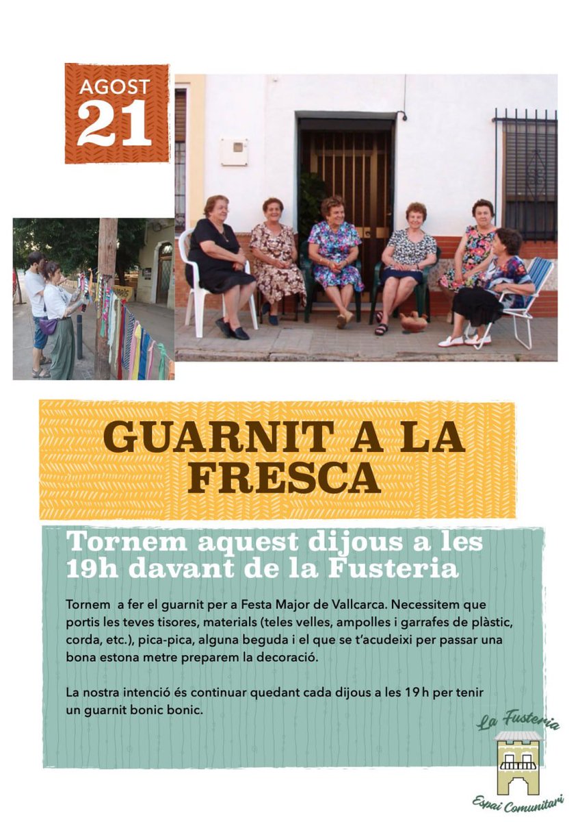 🎉 Vine a fer guarnit a la fresca per la Festa Major de Vallcarca
📆 Dijous 21/8 a les 19H davant La Fusteria (C/ Argentera 24)