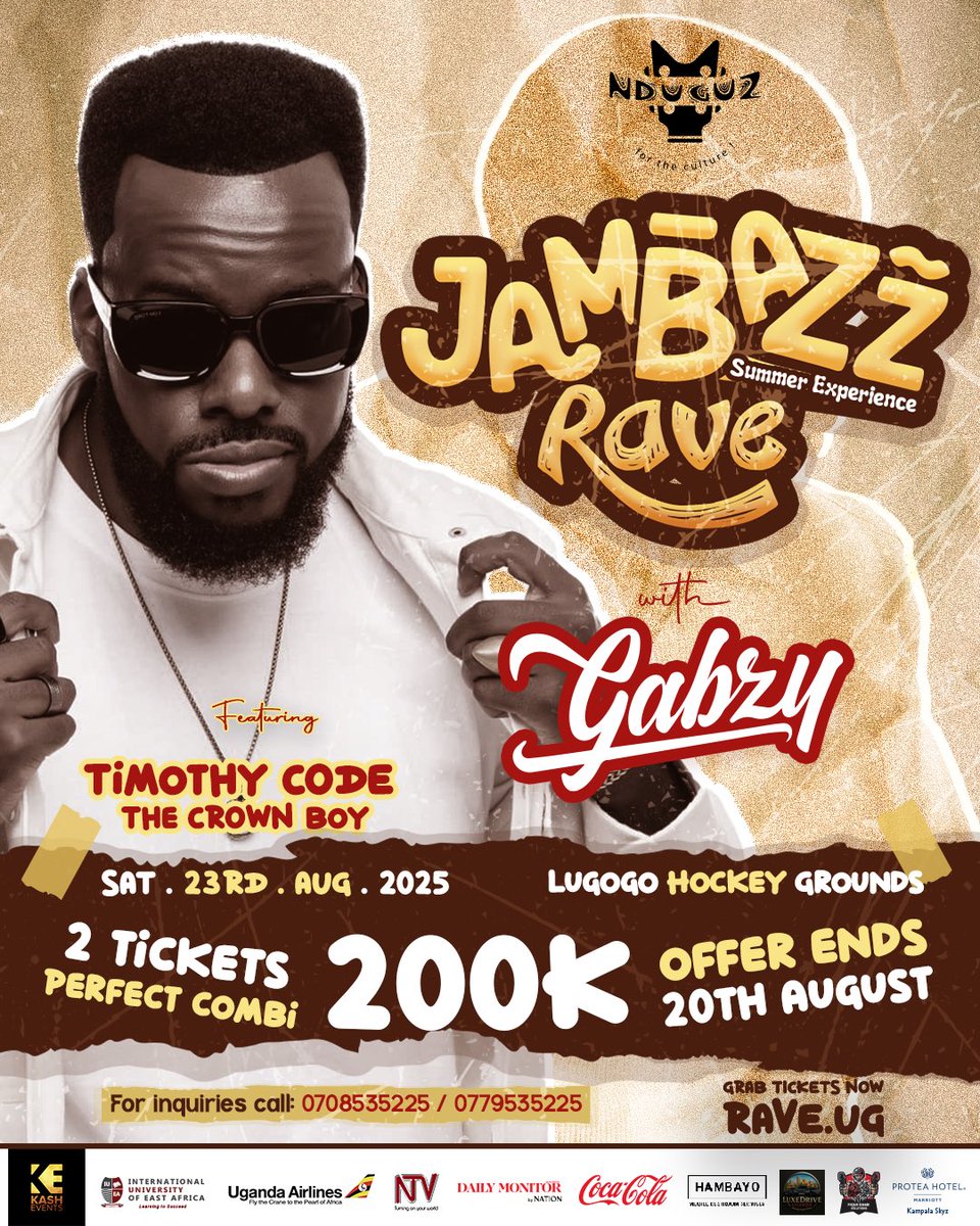 NDUGUZ (@nduguzculture) on Twitter photo 🎤 👑 JAMBAZZ RAVE HOST 👑🎤
Thee Crown Boy, Thee Dapper Rapper <a href="/TimothyCODE/">The #CROWNBoy</a> is set to make you proud, then make you dance like you’re in a trance!
He’ ain’t just hosting the Jambazz Rave he’s owning it & crowning it with dope vibes only 🎤
Get 🎫 at RAVE.UG 🎤 👑 JAMBAZZ RAVE HOST 👑🎤
Thee Crown Boy, Thee Dapper Rapper <a href="/TimothyCODE/">The #CROWNBoy</a> is set to make you proud, then make you dance like you’re in a trance!
He’ ain’t just hosting the Jambazz Rave he’s owning it & crowning it with dope vibes only 🎤
Get 🎫 at RAVE.UG