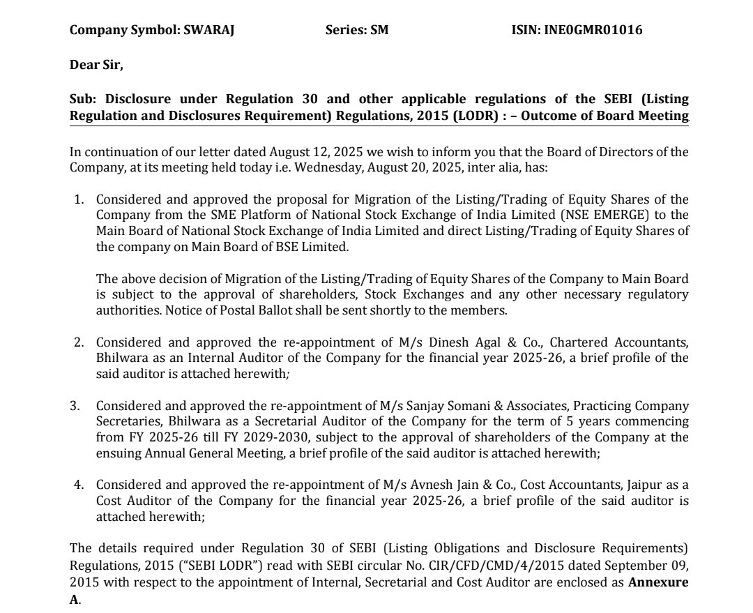 SWARAJ SUITING - TOP TEXTILE PICK

Migration to Mainboard
▪️Approved listing on NSE Mainboard
▪️Also approved direct listing on BSE Main Board

Major advantages of listing on mainboard
▪️Will broaden investor base
▪️Comes on radar of HNIs, Institutional investors and Brokerage