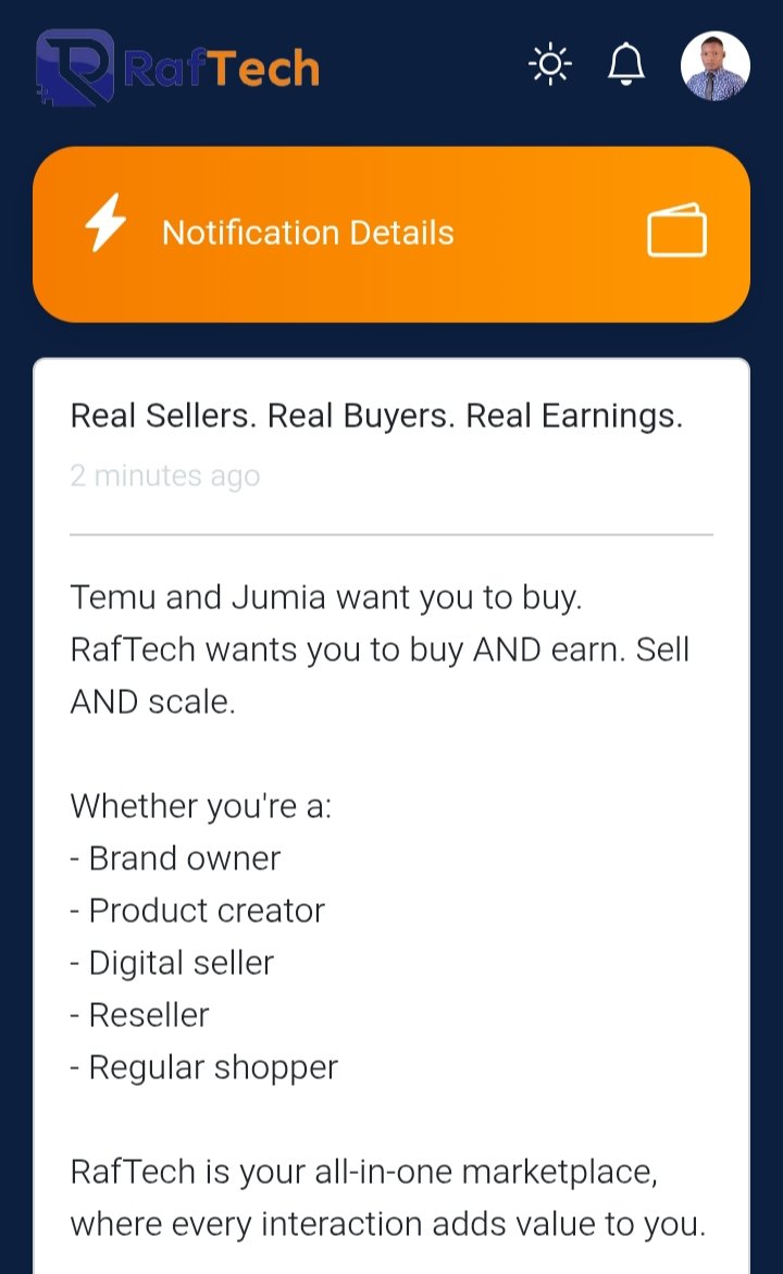 GoRaftech's tweet image. #Temu and #Jumia want you to buy.
#RafTech wants you to buy AND earn. Sell AND scale.

Whether you&apos;re a:
- Brand owner
- Product creator
- Digital seller
- Reseller
- Regular shopper

@GoRaftech is your all-in-one marketplace, where every interaction adds value to you.