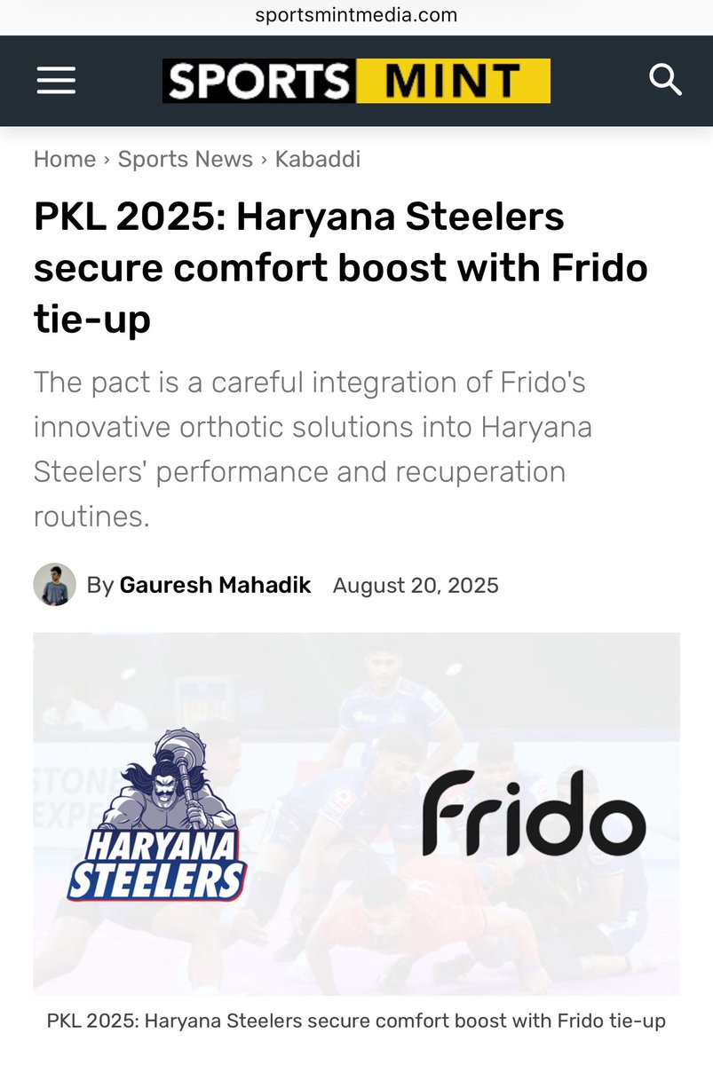 Thrilled to share that <a href="/frido_official/">Frido</a> is now the official comfort partner of the Haryana Steelers in Pro Kabbadi League 2025. 

The goal is to keep our champions agile and injury free with frido's range of products. 

Let’s win this together! <a href="/jswsports/">JSW Sports</a> <a href="/HaryanaSteelers/">Haryana Steelers</a>