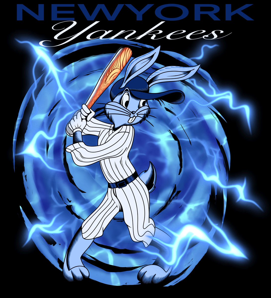 illustration of the New York Yankees baseball team with their mascot, dandy the home run specialist batter! A blue aura surrounds the mascot, symbolizing the New York Yankees baseball team.