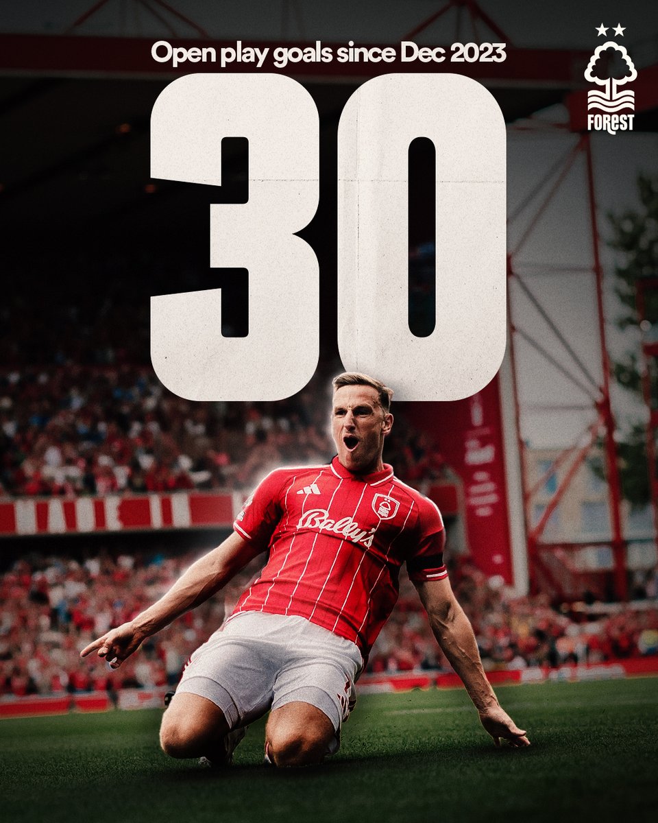 Chris Wood again. 🎶🔥
Now level with Mo Salah for open-play goals since December 2023. 🌳
Retweet &amp; like to give Woody the credit he deserves! 🙌👏
#NFFC <a href="/NFFC/">Nottingham Forest</a>