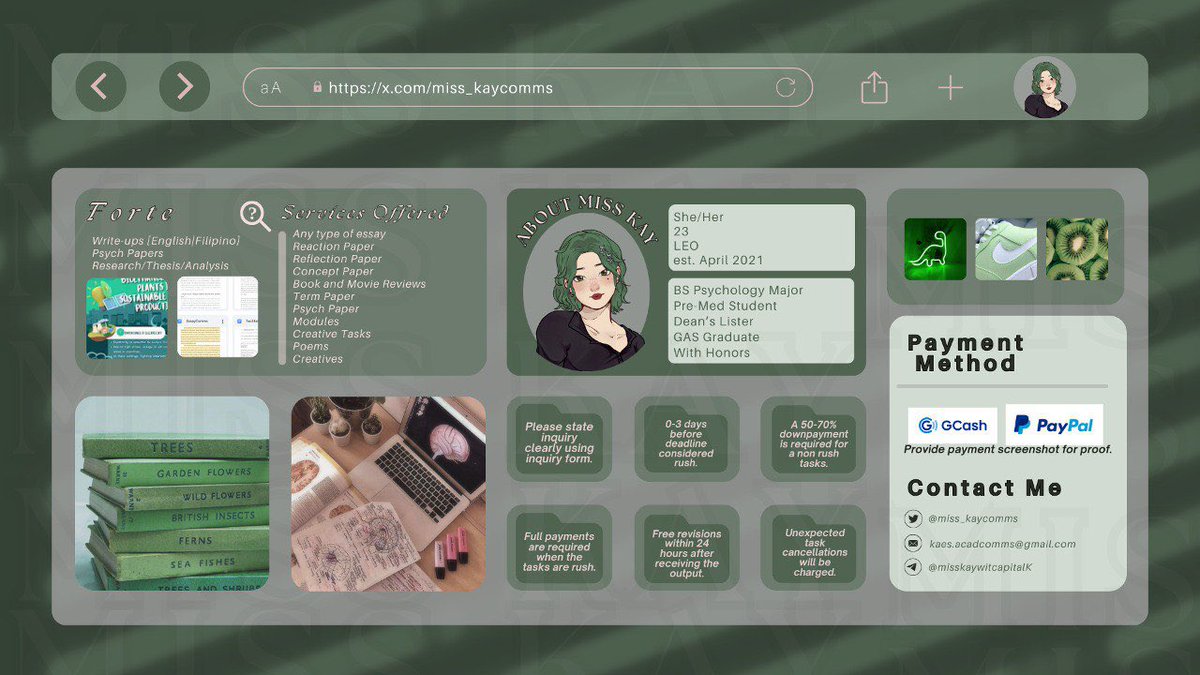 Kay (@mxkayacads) on Twitter photo 𖦞 Meet Miss Kay: Your Writing Whisperer and Academic Ally! 𖦞
Miss Kay can cater research, thesis writing, and other academic tasks! 
For more details, feel free to check out my commission sheet below. Hoping to work with you, luvs!!💚✨ 𖦞 Meet Miss Kay: Your Writing Whisperer and Academic Ally! 𖦞
Miss Kay can cater research, thesis writing, and other academic tasks! 
For more details, feel free to check out my commission sheet below. Hoping to work with you, luvs!!💚✨