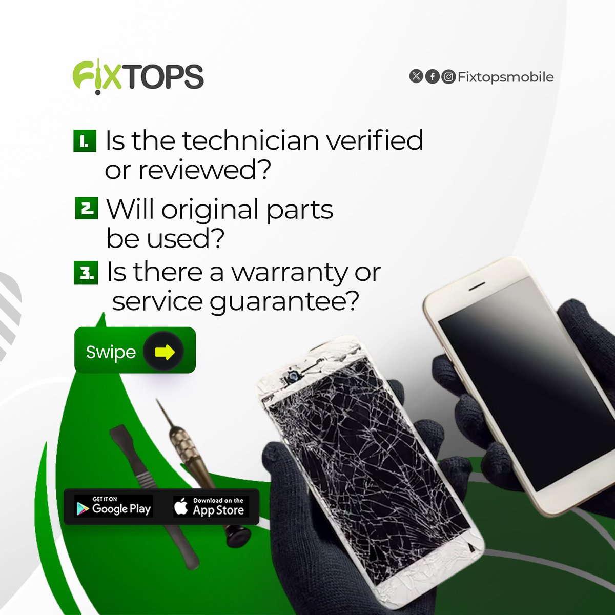 FixtopsNG's tweet image. 🔍 These 3 simple checks can save you from poor repairs and wasted money. At Fixtops, we proudly say YES to all three! ✅

📲 Book smart. Repair safe. Choose Fixtops.

#PhoneRepairTips #FixtopsApproved #SmartRepairs #CertifiedTechnicians #RepairWithConfidence #MobileFixExperts