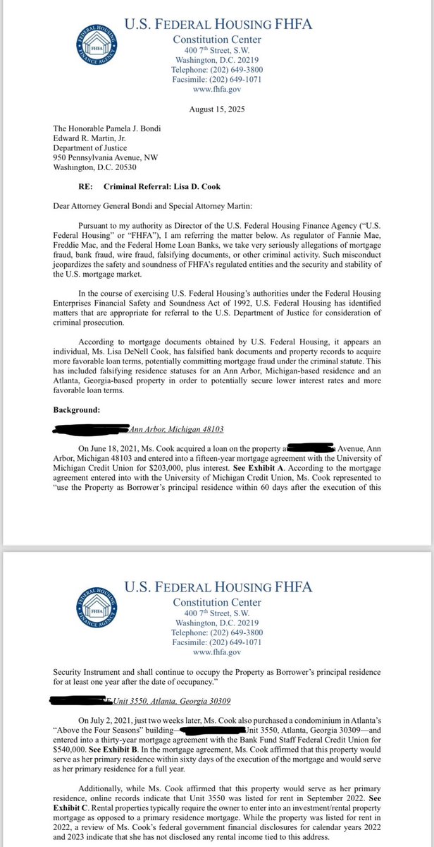 Here is the Criminal Referral Letter on Lisa Cook, the current Fed Governor.