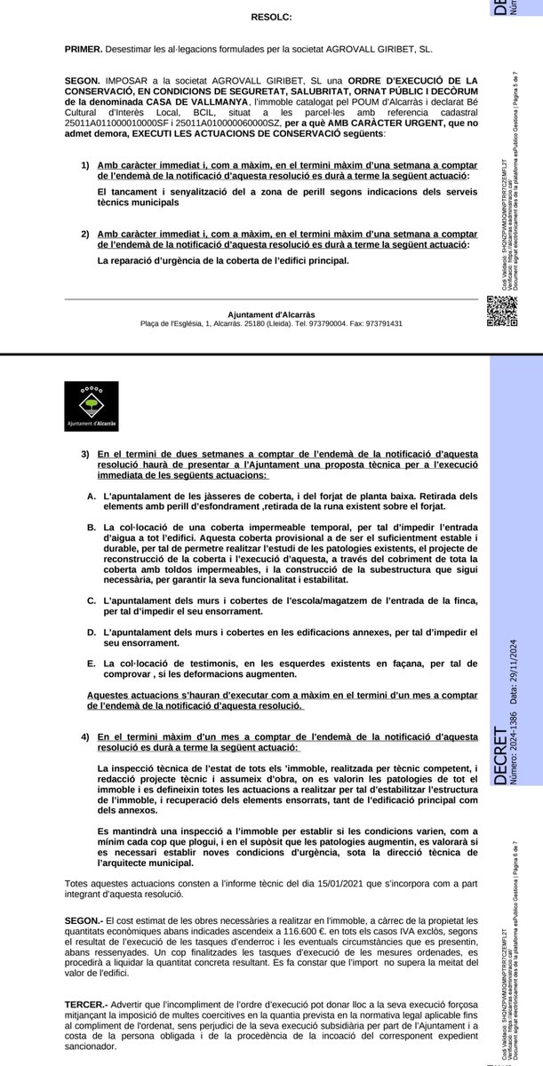 #SalvemCasaVallmanya (@salvemcalmacia) on Twitter photo Fa 8 mesos que l'<a href="/AjAlcarras/">Ajuntament Alcarràs</a> va enviar un requeriment al propietari de Cal Macià perquè executés unes obres de rehabilitació. Se li donava 1 mes per actuar. Avui encara no se l'ha sancionat per l'incompliment. Tècnicament es podria dir que l'alcalde <a href="/JoCastany/">JORDI CASTANY CAMI</a> està prevaricant? Fa 8 mesos que l'<a href="/AjAlcarras/">Ajuntament Alcarràs</a> va enviar un requeriment al propietari de Cal Macià perquè executés unes obres de rehabilitació. Se li donava 1 mes per actuar. Avui encara no se l'ha sancionat per l'incompliment. Tècnicament es podria dir que l'alcalde <a href="/JoCastany/">JORDI CASTANY CAMI</a> està prevaricant?