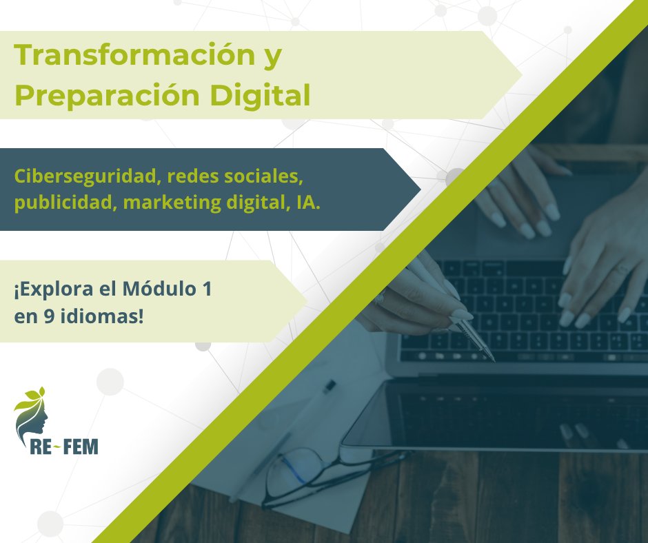 💻Curso #online <a href="/REFEMproject/">RE-FEM project</a>.
 📑𝐌𝐨́𝐝𝐮𝐥𝐨 𝟏: 𝐓𝐫𝐚𝐧𝐬𝐟𝐨𝐫𝐦𝐚𝐜𝐢𝐨́𝐧 𝐲 𝐩𝐫𝐞𝐩𝐚𝐫𝐚𝐜𝐢𝐨́𝐧 𝐝𝐢𝐠𝐢𝐭𝐚𝐥
 
🙋‍♀️Potencia tus habilidades digitales: SEO, RRSS, ciberseguridad e IA para tu negocio.

🌐Accede al curso en español: bit.ly/47zILyY

#EmprendeAND