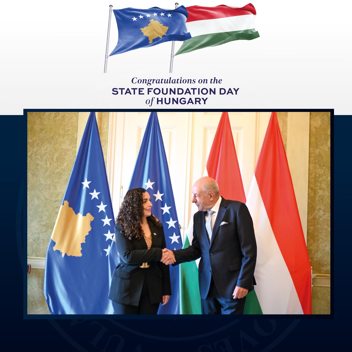 Vjosa Osmani (@vjosaosmaniprks) on Twitter photo On Hungary’s State Foundation Day, I extend my warmest wishes to President <a href="/DrTamasSulyok/">Dr. Tamás Sulyok</a>, Prime Minister <a href="/PM_ViktorOrban/">Orbán Viktor</a>, and the Hungarian people.
As reaffirmed during my recent official visit to Budapest, Kosovo is committed to strengthening the bonds of friendship and On Hungary’s State Foundation Day, I extend my warmest wishes to President <a href="/DrTamasSulyok/">Dr. Tamás Sulyok</a>, Prime Minister <a href="/PM_ViktorOrban/">Orbán Viktor</a>, and the Hungarian people.
As reaffirmed during my recent official visit to Budapest, Kosovo is committed to strengthening the bonds of friendship and