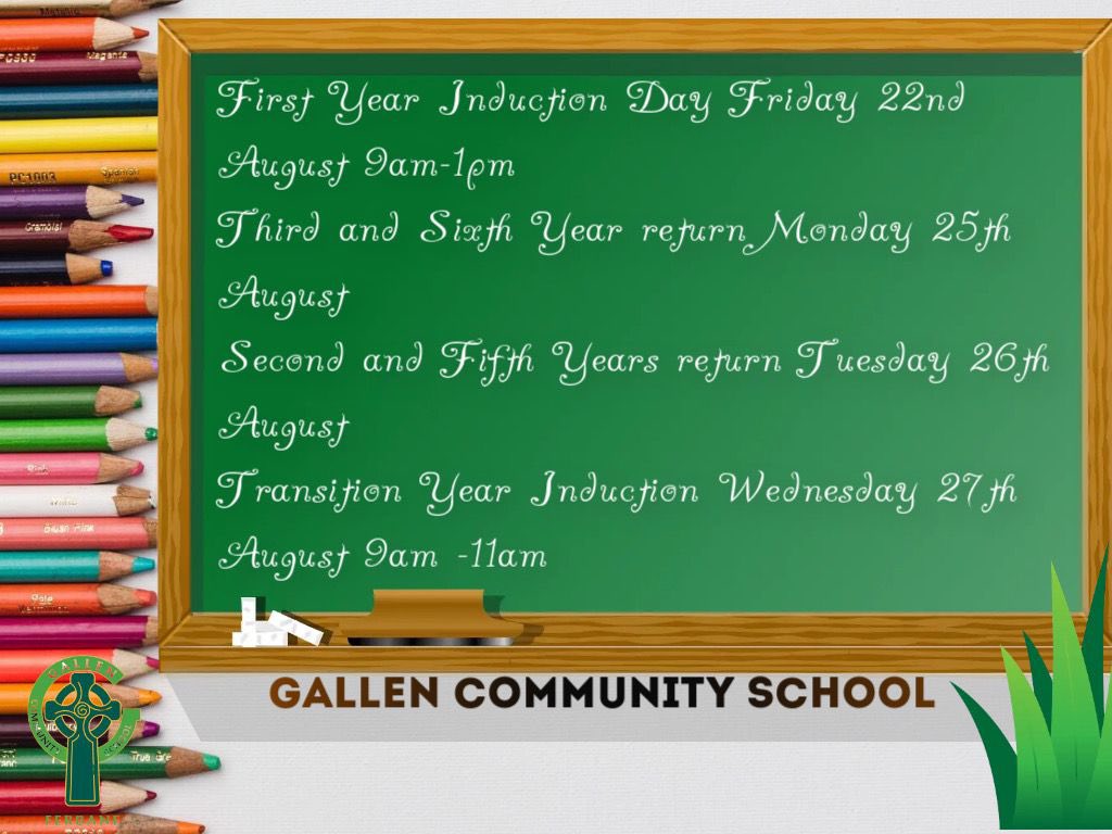 We have no doubt that all our students are eagerly looking forward to returning to Gallen Community School in the next number of days. Gallen Community School will begin the new academic year by welcoming our new First Year students this Friday for their induction day.