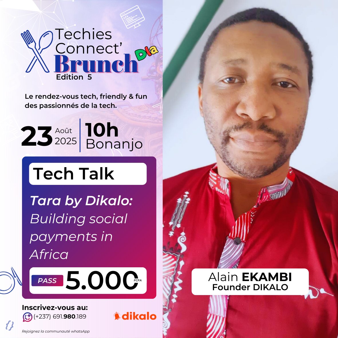lebrunchtechies's tweet photo. J-3 avant le Techies Connect’ Brunch #5 à Douala ! 
Venez en savoir plus sur Tara By Dikalo! 
📅 23 août – 10h, Bonanjo 
📷 Pass : 5.000 FCFA 
📷 https://t.co/4yxdvftqaq #TechiesConnect #Douala https://t.co/fMMSWLqWvc