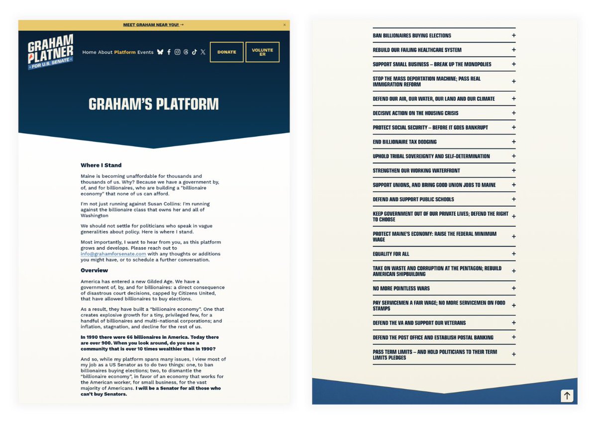 Something noteworthy about these scruffy Dem populist candidates (Platner, Sage, Osborn, El Sayed) they all have very detailed policy platforms. 

Meanwhile the DSCC's favorites - Cooper, Pappas, Stevens, Brown, Ossoff - don't have a single issue or policy page on their websites