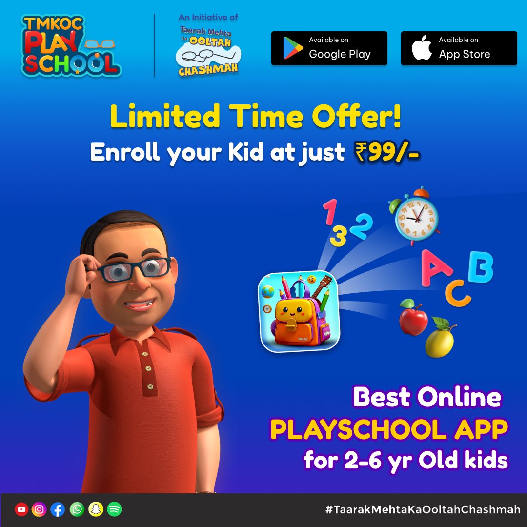 Searching for the Best Online Playschool App? ✨
Give your kid the best start with TMKOC Play School now at just ₹99/

Download now
Google Play Store: play.google.com/store/apps/det…

Apple Test Flight: testflight.apple.com/join/SYgGKcAG

#tmkocplayschool #gamifiedlearning #tarakmehtakaultachashma