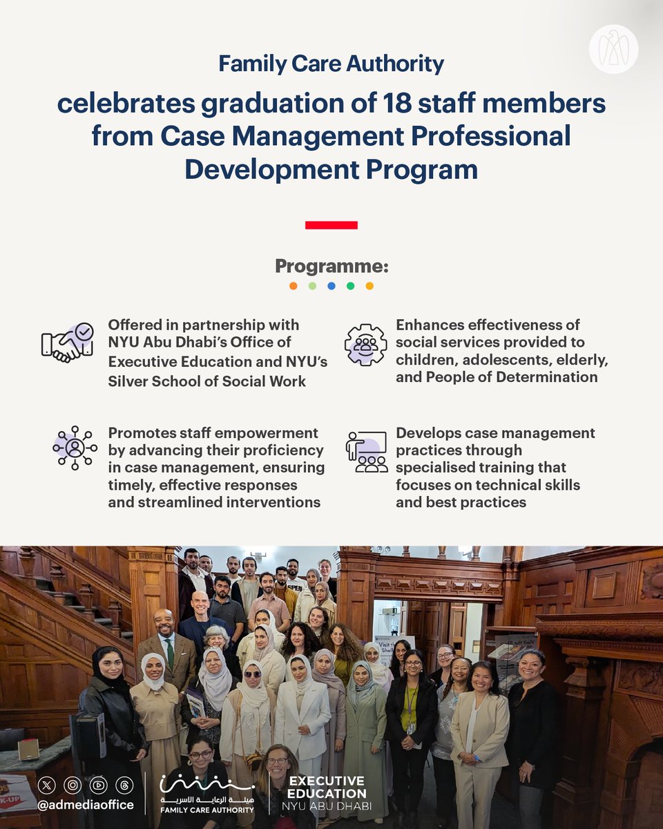 .@fca_abudhabi has celebrated the graduation of 18 staff members from the Case Management Professional Development Program, offered in partnership with NYU Abu Dhabi’s Office of Executive Education and NYU’s Silver School of Social Work, to enhance the skills of social workers.
