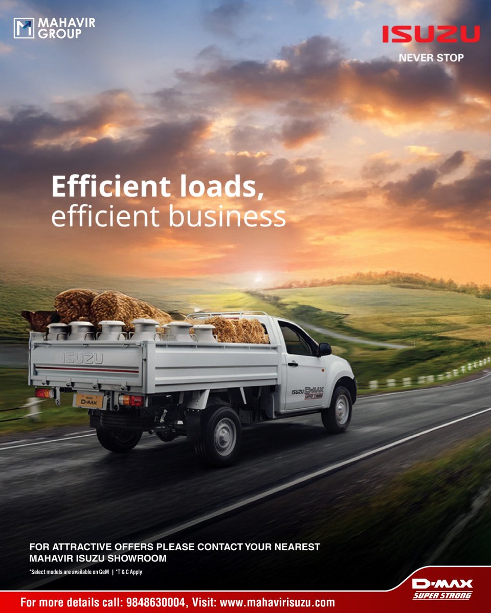 ISUZUHyderabad's tweet image. Every trip is a step toward seamless operations, ensuring your workday stays productive, smooth, and right on schedule.
For more details Call: 9848630004. Visit - bit.ly/33PsbJq
#MahavirISUZU #Dmax #Regularcab #ISUZUdmax #Rcab #ISUZU #ISUZUneverstop #ISUZUmotorsIndia