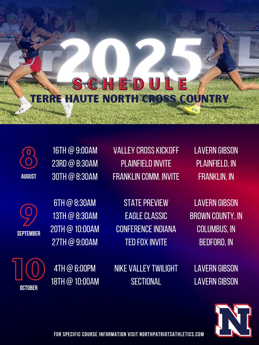 🚨SCHEDULE RELEASE! 🚨

Our Patriot XC teams had a 🥵🔥 start to the season this past weekend at the Valley Cross Kickoff!

The teams will look to continue and improve this weekend at the Plainfield Invite!

Good luck to both teams this year!