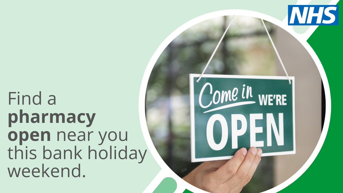 This bank holiday weekend, some pharmacies might have different opening hours. 
Search ‘Find a pharmacy NHS’ or click below to find an open pharmacy near you.
🔗  nhs.uk/service-search…