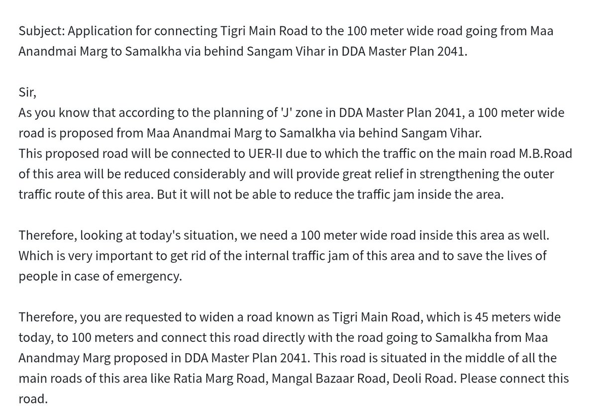 Res. <a href="/PMOIndia/">PMO India</a> <a href="/mlkhattar/">Manohar Lal</a> <a href="/nitin_gadkari/">Nitin Gadkari</a> <a href="/MORTHIndia/">MORTHINDIA</a>
<a href="/gupta_rekha/">Rekha Gupta</a> <a href="/CMODelhi/">CMO Delhi</a> <a href="/p_sahibsingh/">Parvesh Sahib Singh</a> <a href="/RamvirBidhuri/">Ramvir Singh Bidhuri</a>
<a href="/official_dda/">Delhi Development Authority</a>
Sub: Application for connecting Tigri Main Road to the 100 mt wide road going from Maa Anandmai Marg to Samalkha via behind Sangam Vihar in DDA Master Plan 2041.