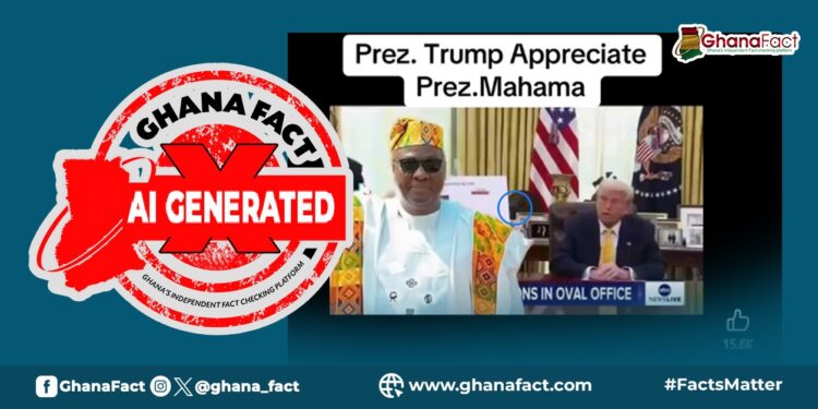False! Donald Trump hasn't praised President Mahama; the viral video is AI-generated.

Our investigation reveals the video is manipulated and originates from a media engagement at the White House on March 7, 2025.

Read more: ghanafact.com/fact-check-vir…