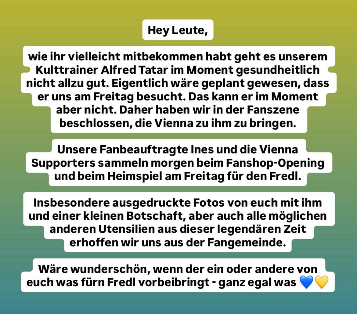 Wir sammeln morgen und übermorgen für Fredl Tatar. Vielleicht möchte sich jemand beteiligen 

#LigaZwa