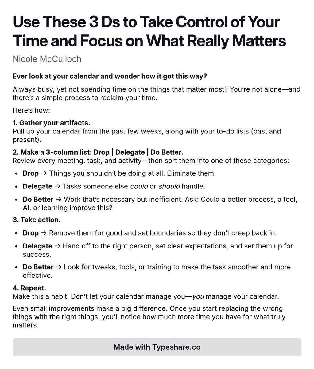 NicoleMcCull's tweet photo. Do you manage your calendar or does it manage you? Use this simple process to take back your time and use it for what really matters.

#timemanagement #improvement #productivity #leadership #focus https://t.co/VDX1xFW0Vt