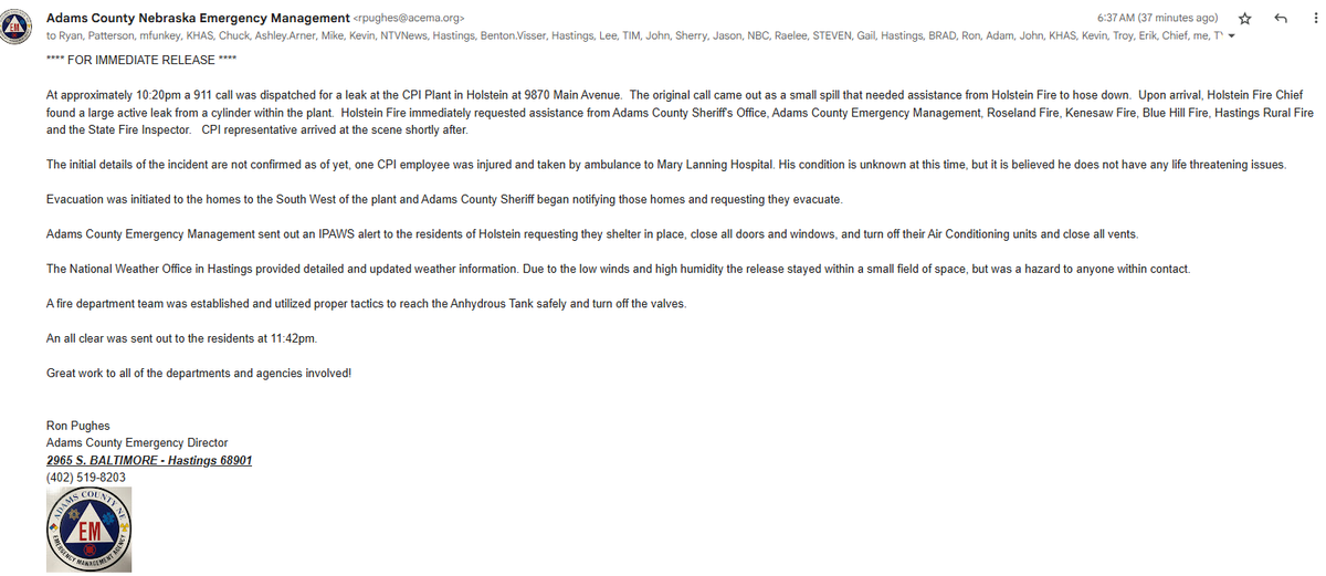 AdamsEmergency's tweet image. Update:
The Anhydrous Leak in Holstein NE, was contained at 11:40pm 8/19/2025.
The IPAWS alert was geo-fenced to the village of Holstein, it is based on cell-phone tower locations and cell provider service, you may have received the alert even though you live outside of Holstein